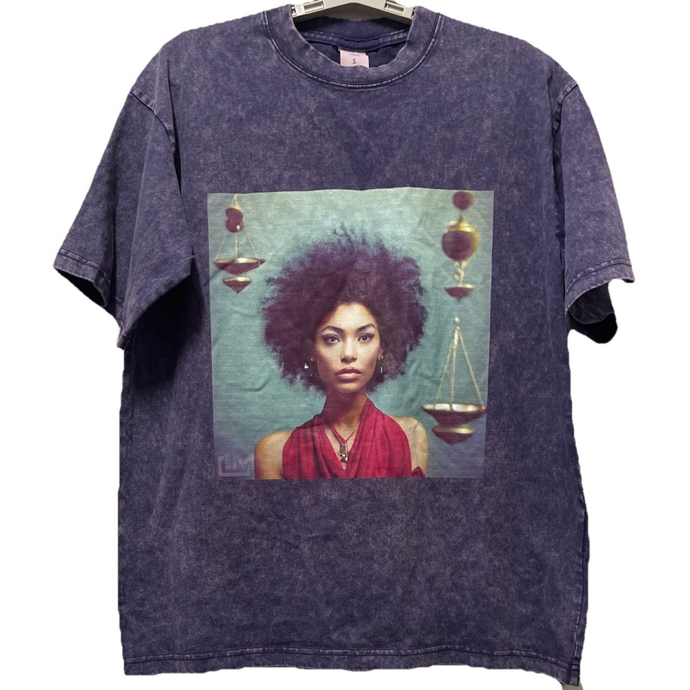 Artiemaster Small Purple Mineral Wash Graphic Tee Libra Zodiac Scales Astrology